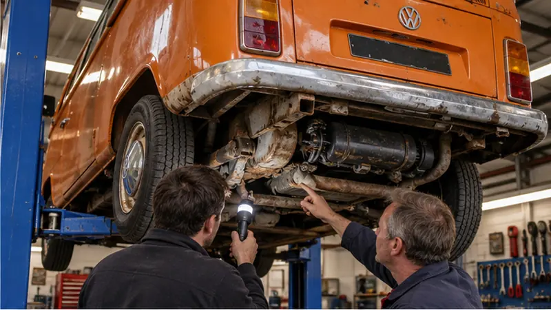 Combi VW T2 orange sur un pont élévateur : acheteur et mécanicien vérifient la rouille du bas de caisse et du longeron