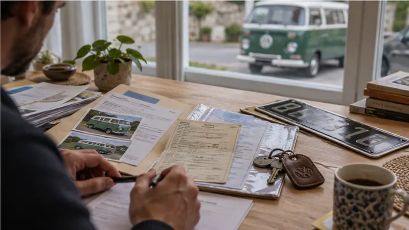 Dossier d’un Combi VW ancien : carte grise de collection, contrôle technique, factures et clés, le Combi vert garé derrière la fenêtre