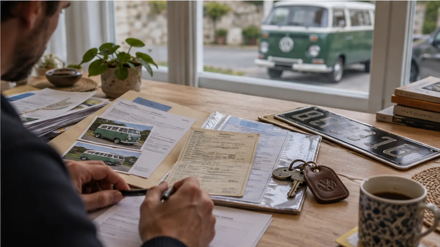 Dossier d’un Combi VW ancien : carte grise de collection, contrôle technique, factures et clés, le Combi vert garé derrière la fenêtre