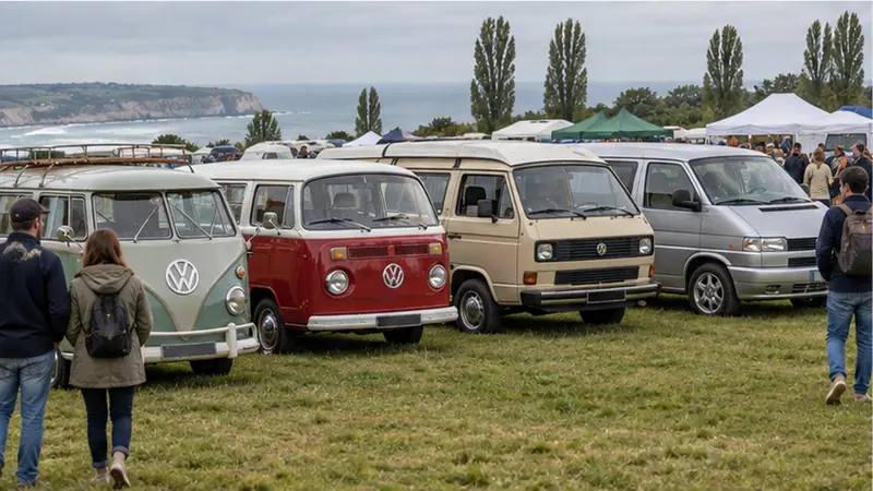 Combi Volkswagen T1, T2, T3 et T4 alignés à un rassemblement en Normandie pour comparer les générations