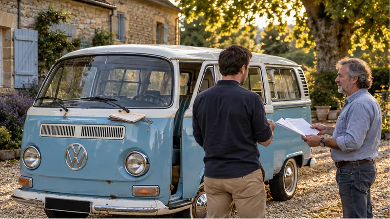 Combi Volkswagen T2 bicolore bleu ciel et crème d’occasion, vendeur qui présente les factures à un acheteur devant une longère