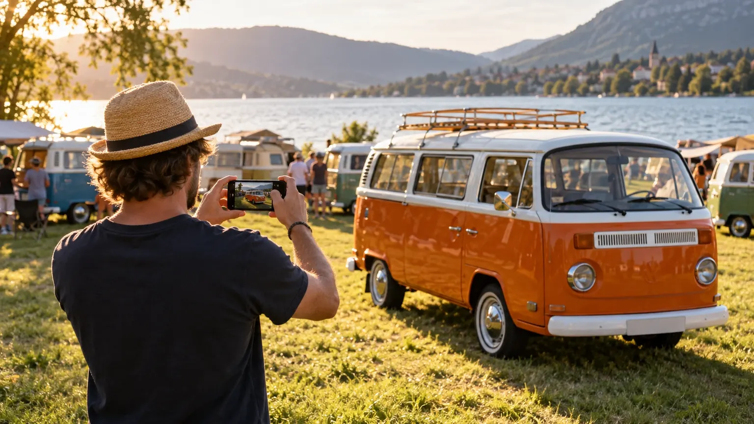 Passionné photographiant son Combi T2 orange et blanc lors d'un rassemblement au bord d'un lac